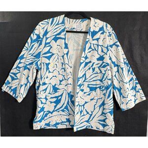 SK CO Women Silk Open Front Shirt Sz 12 Ivory Blue Beach Cruise Resort 20-4